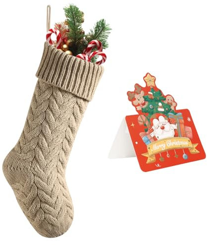 meioro Weihnachtsstrümpfe mit Grußkarte, 46cm/18in Große Größe Kabel Strick Weihnachtsstrümpfe, Kamin Hängende Weihnachtsstrümpfe für Urlaub Familie Party Festival Dekorationen (Khaki, 1 Pack)