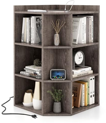 GIANTEX Libreria angolare a 3 livelli, scaffale portaoggetti con 9 scomparti aperti, 51 x 71,5 x 86 cm, con porte di ricarica, libreria triangolare per soggiorno, studio (grigio)