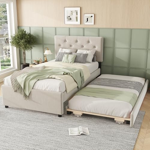 Aoskem Polsterbett Einzelbett Bett 90x200 cm mit Rollbett 90x190 cm, Bettgestell mit Lattenrost, Kinderbett Jugendbett Flachbett Rückenlehne Bett Gästebett, Ohne Matratze, Samt (Beige)