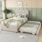 Aoskem Polsterbett Einzelbett Bett 90x200 cm mit Rollbett 90x190 cm, Bettgestell mit Lattenrost, Kinderbett Jugendbett Flachbett Rückenlehne Bett Gästebett, Ohne Matratze, Samt (Beige)