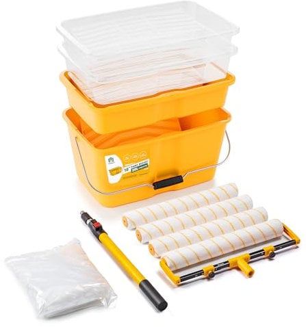 VOOMEY Kit de 13 rodillos de pintura de 18 pulgadas, cubo de pintura de 18 pulgadas y bandeja de pintura, marco de rodillo de pintura grande con poste de extensión de 3.3 pies, forro de bandeja de