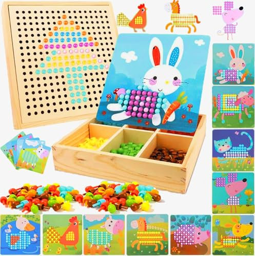 Giaonlgy Mosaik Steckspiel Kinder, Holz Farbe Pegboard Gabelungen, Montessori Mosaik Steckspiel für 3 4 5 6 7 Kinder, Geschenke für Jungen & Mädchen (Bauernhof)