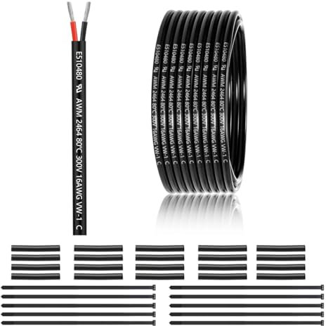 16 AWG 2×1.5mm² 2 Core 12V 24V Electrical Wire 50FT/15M, 16 Gauge 2 Conductor Wire Cable Stranded Tinned Copper PVC Twin Wires for LED Strips Lighting, Outdoor Cable, Automotive, CE Listed