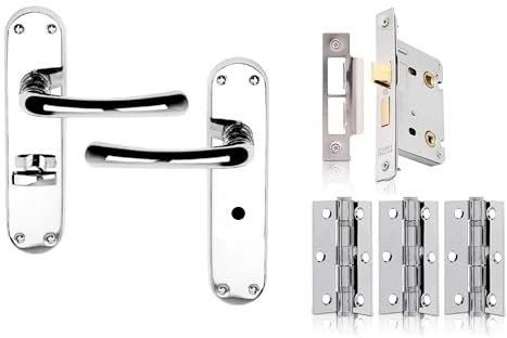 Dale Hardware Clara Range Polished Chrome Bathroom Pack, Complete Set with Bathroom Handles, 75mm Mortice Bathroom Lock and 3 x 75mm Ball Bearing Hinges, for Internal Wooden Doors