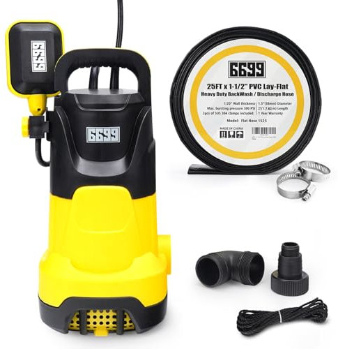 6699 1.5HP Submersible Water Pump and 25ft x 1-1/2 PVC Flat Discharge Hose, Sump Drain Pump Kit, Easy to Use to Remove Clean/Dirty Water from the