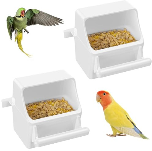 Pawfly 2 Pcs Bird Feeder for Cage Hanging Plastic Cage with Hooks, Water Dispenser with Perch Bird Water Feeder, Food Bowl for Parakeet Cockatiel Canary