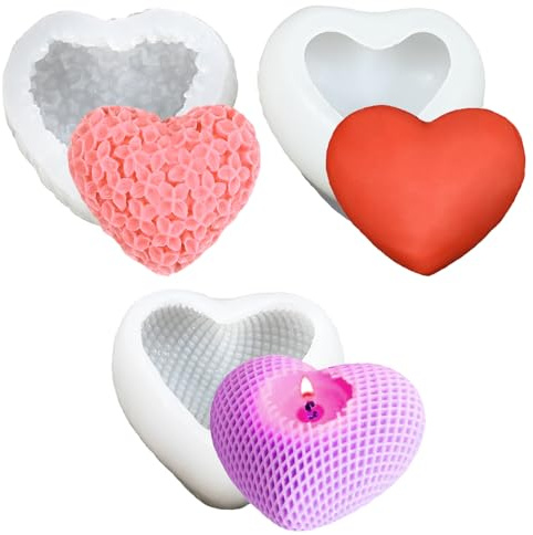 YUZHEDM 3 Pezzi Stampi per Candele, Cuore Stampo Silicone, Gesso per Stampi, Cera per Candele Fai Da Te, per Realizzare Candele, Sapone, Fai Da Te in Resina, Decorazioni per Torte Fondente