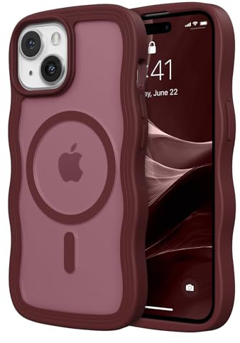 ZTOFERA Magnetic for iPhone14 Plus/iPhone 15 Plus Case,Wavy Frame,Wine Red | Compatible with MagSafe,Translucent Matte Hard Back with Silicone Bumper,Shockproof Protection
