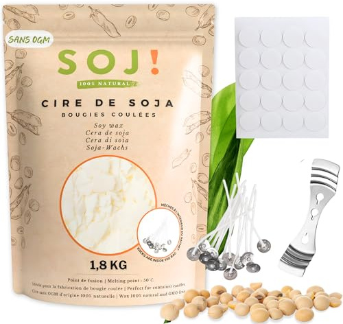 Soj! - Cera per candela - Cera di soia vegetale per la creazione/fai da te di candela, riempimento candela | Qualità superiore | 1KG (1,8KG + 20 fili)