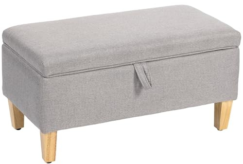 HOMCOM 30L Linen Storage Ottoman Padded Footstool with Rubberwood Legs for Storage Box, Bed End, Shoe Bench, Seating, Light Grey