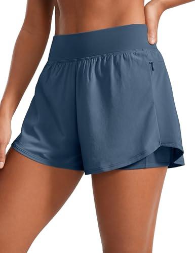 CRZ YOGA 2-in-1 Doppellagige Laufshorts 8 cm | Hohe Taille, Schnelltrocknend, Leicht, Reißverschlusstaschen, für Damen