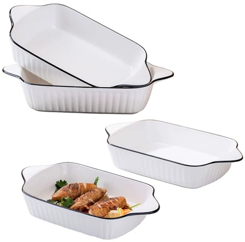 quiodok Ceramic Rectangular Baking Dishes, 10.5 Inch Porcelain Baking Dish | Fluted Design, Set of 4, for Lasagne Pizza Cannelloni Pasta, White Deep Pan Bakeware for Roasting and Cooking