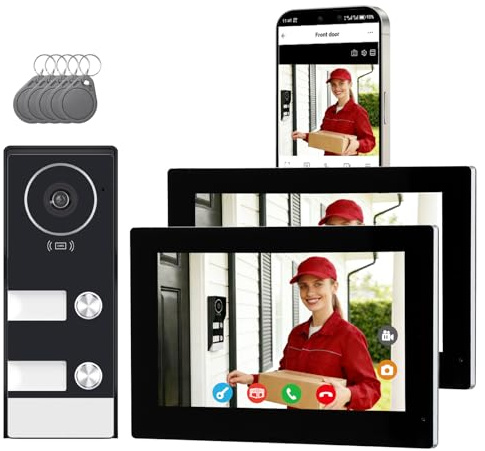 Honmidatek Sistema Videocitofonico Domestico Intelligente, videocitofono cablato con 2 Schermi da 7 pollici, Sblocco Remota, Audio Bidirezionale, RFID, visione notturna,per 2Famiglie