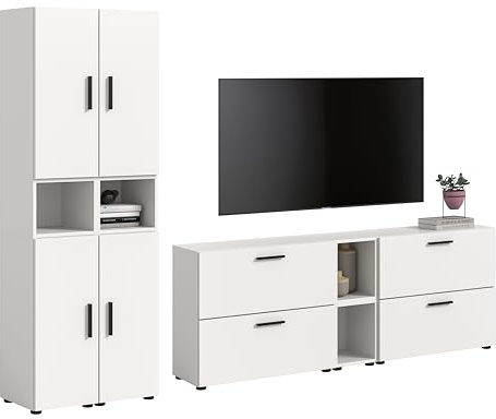 xonox.home – Wohnkombination The One 259x182x34 cm in Weiß Nachbildung – Große Schrankwand mit 4 Türen & 4 Klappen – 20 Fächer insgesamt bieten unendliche Möglichkeiten für eine saubere Lagerung