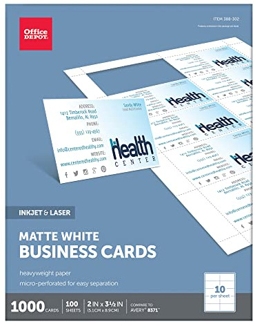 Office Depot Matte Business Cards, 2in. x 3 1/2in., White, Pack Of 1,000, 23003