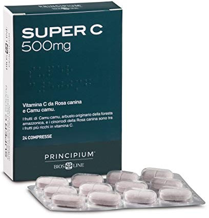 BIOS LINE Principium Super C 500 mg, Vitamina Antiossidante per le difese dell'organismo, Integratore alimentare in compresse di Vitamica C da frutti di Rosa Canina e Camu Camu, 24 compresse