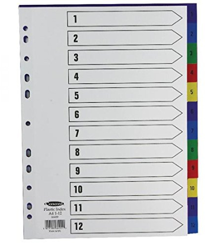 Concord Plastic Index Polypropylene 120 Micron Europunched 1-12 A4 Assorted Ref 66499