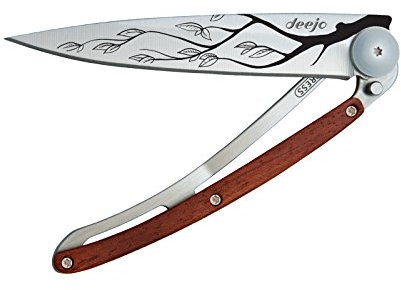 Deejo Taschenmesser TATTOO BAUM, Stahl AISI 420, Liner Lock, Rosenholz-Schalen, Gürtelclip, Deejo-Box