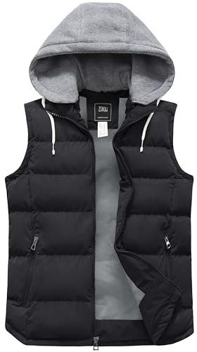 ZSHOW Men's Lightweight Winter Gilets Outdoor Windproof Vest Cotton Padded Gilets Hooded Sleeveless Vest Black L