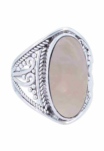 mantraroma Rosenquarz Ring Damen 925 Sterling Silber – Cabochon Edelstein Ring mit rosa Quarz, Vintage Statement Schmuck