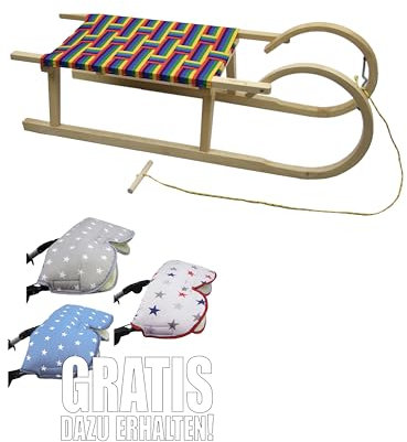 Schlitten, Hörnerrodel mit Zugseil, Sitzfläche aus Kunstfasern im REGENBOGENDESIGN,120cm GRATIS