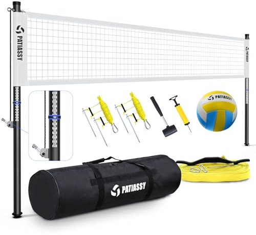 Patiassy Tragbares, professionelles Outdoor-Volleyballnetz-Set mit höhenverstellbaren Aluminiumstangen, Seilwinde-System, Volleyball mit Pumpe und Tragetasche für Hinterhof, Strand, Weiß