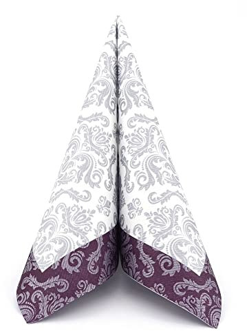 APARTina 50 Servietten Ornament Barock Silber stoffähnlich Airlaid, hochwertige stoffähnliche Servietten Einwegservietten Hochzeit Beere (Pflaume, 40 x 40 cm)