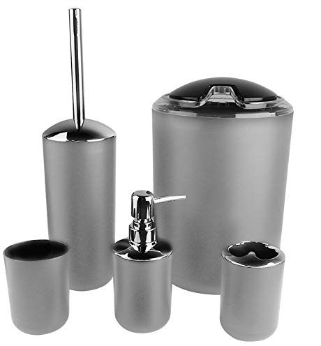 6 PCS Grey Plastic Bathroom Accessories Set, Toilet Brush Holder | Toothbrush Tumbler and Waste Bin Included, Modern Decor Collection for Bathroom, PP Plastic