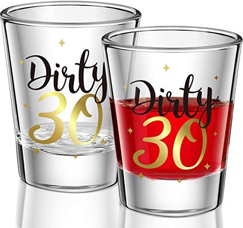 2 Pieces Dirty 30 Shot Glass 2oz Black and Gold Funny 30th Birthday Party Wine Glasses for Women and Men Present Celebrate Happy Thirty Birthday Decoration
