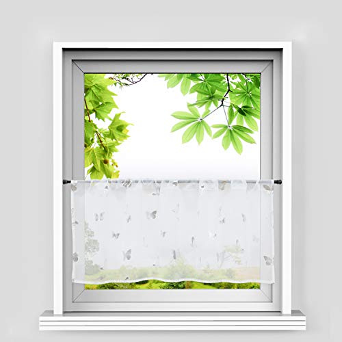 HeichkelL Glänzende Scheibengardine Silber Voile Moderne Kurzstores mit Tunnelzug Kleinfenster gardine Küche Schmetterling-Dekomuster Weiß HxB 60x120 cm