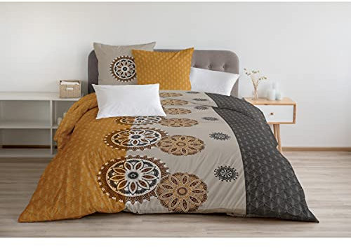 Home Linge Passion Parure de Couette 220x240 cm – 100% Coton 57 Fils – Housse + 2 Taies – Motif Yucatan Gris et Ocre Orange