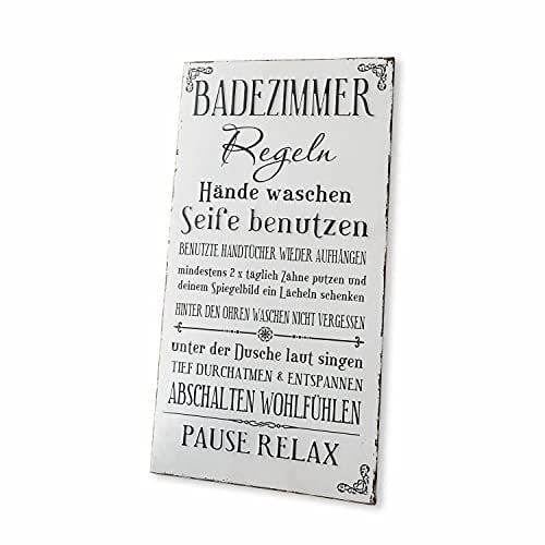 Loberon Dekoboard Chambord, nostalgisches Lettering, mit Prägung, Badezimmer Regeln, Wanddekoration, Bad-Accessoire, Eisen, weiß/schwarz