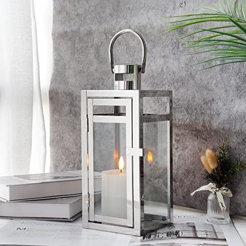 TRIROCKS Set Aus 3 Edelstahl Kerzenlaternen 48 cm Hoch Metallkerzenhalter Mit Klaren Glasscheiben Für Heimdekoration Wohnzimmer Partys Veranstaltungen Tischplatte Innen Außen (Weiß)
