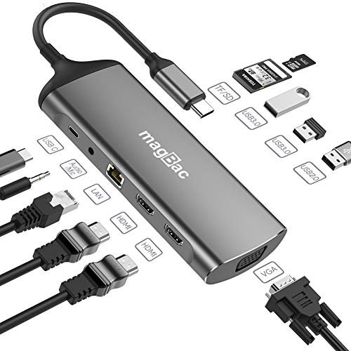 i-magBac USB C Dockingstation mit 2 HDMI, VGA, Ethernet, 3 USB A, SD/TF Kartenleser, Audio, 100 W PD Port für HP, Dell XPS, Lenovo USB C Laptops und Monitore
