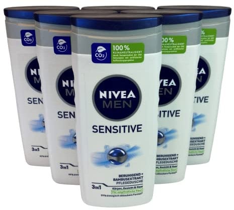 NIVEA MEN Sensitive Nourishing Shower Gel (6 x 250 ml), Refreshing and Nourishing Shower Gel with Bamboo Milk, Moisturising Shower for Sensitive Men's Skin, 99%