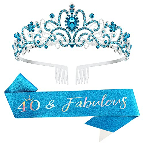 Didder Dekoration zum 40. Geburtstag – blaue Schärpe, Diadem und fabelhafte Krone als Geschenk für Damen