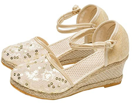 Minetom Espadrilles Damen Retro Sandalen Keilabsatz Wedge Plattform Sommerschuhe Plateauschuhe Frauen Mesh Pailletten Schuhe C Beige 36 EU
