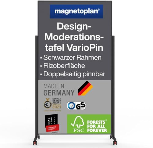magnetoplan Design-Moderationstafel VarioPin Filz, Rahmen schwarz grau | Mobile Pinntafel, doppelseitig | Hochwertige Filztafel, FSC-zertifiziert, Made in Germany | BxH 1000x1800mm