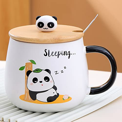 Arawat Cute Panda Mug Gifts Kawaii Cup Panda Coffe Mugs with Lid & Spoon Panda Print Stuff Kitchen Decor 400ml Ceramic Tea Coffee 3D Animal Mugs Birthday Gifts for Women Men Girls Panda Lovers