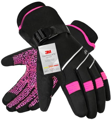 BIKINGMOREOK Winterhandschuhe Wasserdicht -30°F 3M Thinsulate Skihandschuhe Warme Touchscreen Handschuhe,Winddicht Fahrradhandschuhe Herren Damen-Rosa-XS