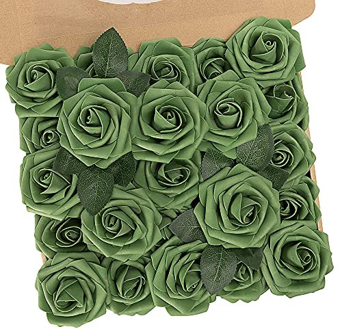 N&T NIETING Rosen Deko, 25 Stück künstliche Blumen Rosen mit Stielen, Fake Blumen für DIY Hochzeit Valentinstag, Brautparty-Mittelstücke, Partytische, Blumensträuße Braut Zuhause Dekoratio, Grün
