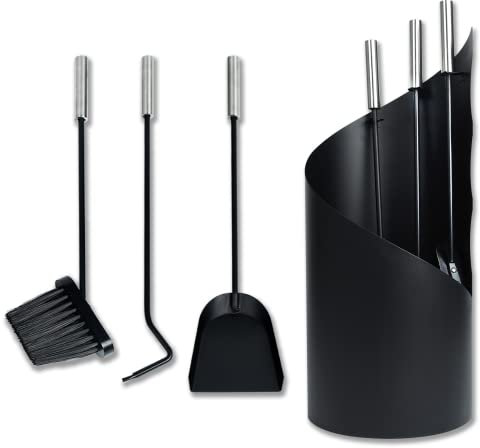 Froadp 4-teilig Edelstahlgriff Kaminbesteck Schürhaken Set Modern Kamin Zubehör Innen mit Schaufeln Feuerstöcke Bürsten Runde Ständer Kamingarnitur für Innenkamine Feuergrills (Schwarz)
