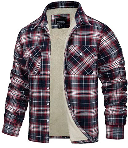 TACVASEN Veste de Détente pour Homme Coton Blouse de Travail Chemise de Bûcheron Hiver Blousons à Bouton Chemise en Plaid Polaire,Rouge Blanc