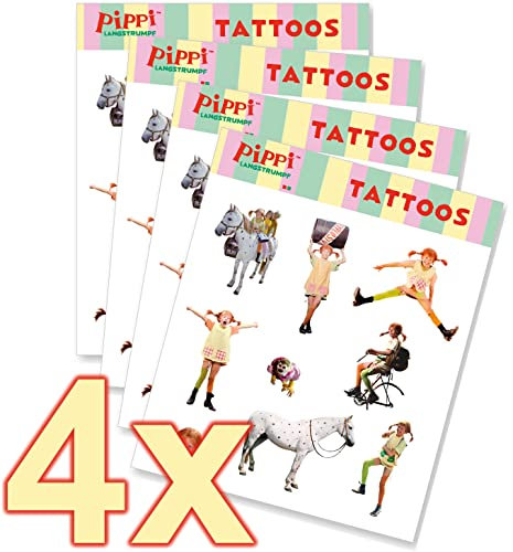 Tattoo-Set * PIPPI LANGSTRUMPF * als Mitgebsel, Geschenk oder zum Spielen | 4 Bögen mit 36 Tattoos | Aufkleber Bilder Sticker Kinder Kindergeburtstag Geburtstag