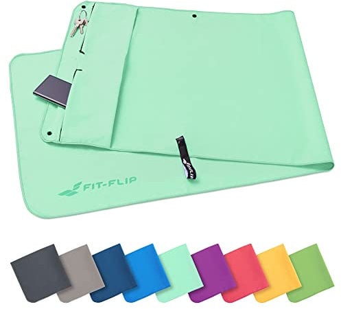 Fit-Flip Fitness Handtuch aus Mikrofaser - mit Magnet und Reißverschluss Tasche - Fitnesshandtuch für Sport und Gym - Kompakt & Schnelltrocknend - Sporthandtuch Fitnessstudio - Türkis - 130x48cm