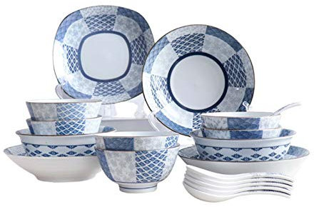 Juego de vajilla de 18 Piezas Juego de Servicio de Cena de Estilo japonés Pintado a Mano de Porcelana con Platos, tazones, Servicio de Cuchara para 6
