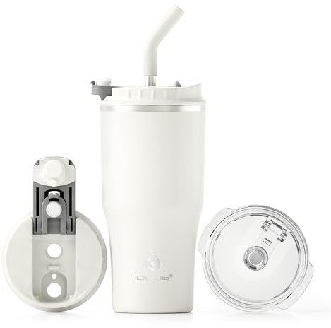 Ideus Tumbler with Lid and Straw | 18 oz Travel Tumbler | Double Wall Stainless Steel Insulated Coffee Tumbler | Perfect for Hot or Iced Coffee | Gifts for Girls Women Men | Cream White