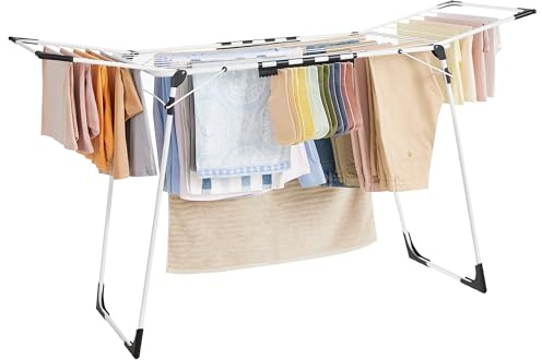 SONGMICS Clothes Drying Rack Foldable, Gullwing Laundry Drying Rack, Space-Saving, 22.2 x 68.1 x 38 Inches, Sock Clips, Metal Structure, for Clothes, Towels, Linens, Indoor, Outdoor White ULLR518W01