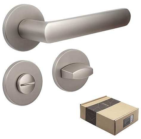 APECS Türgriffe innentüren Modern Türklinke für Haustür und Innentür mit runden Rosetten Türgriff niсkel matt Drückergarnitur mit Befestigungsmaterial Türbeschlag Modell KUMA WC - Badezimmer