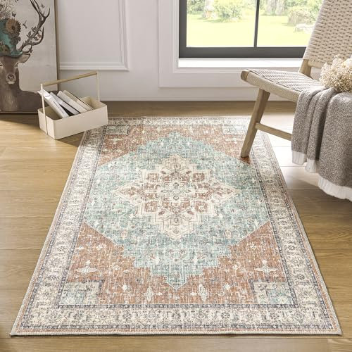 Waschbarer Eingangs-Teppich für den Innenbereich, 7,6 x 12,7 cm, rutschfest, Bohemian-Stil, Vintage-Stil, dünne Haustürmatte, Eingangstürmatte, Terrakotta, Rost, gebranntes Orange und Türkis